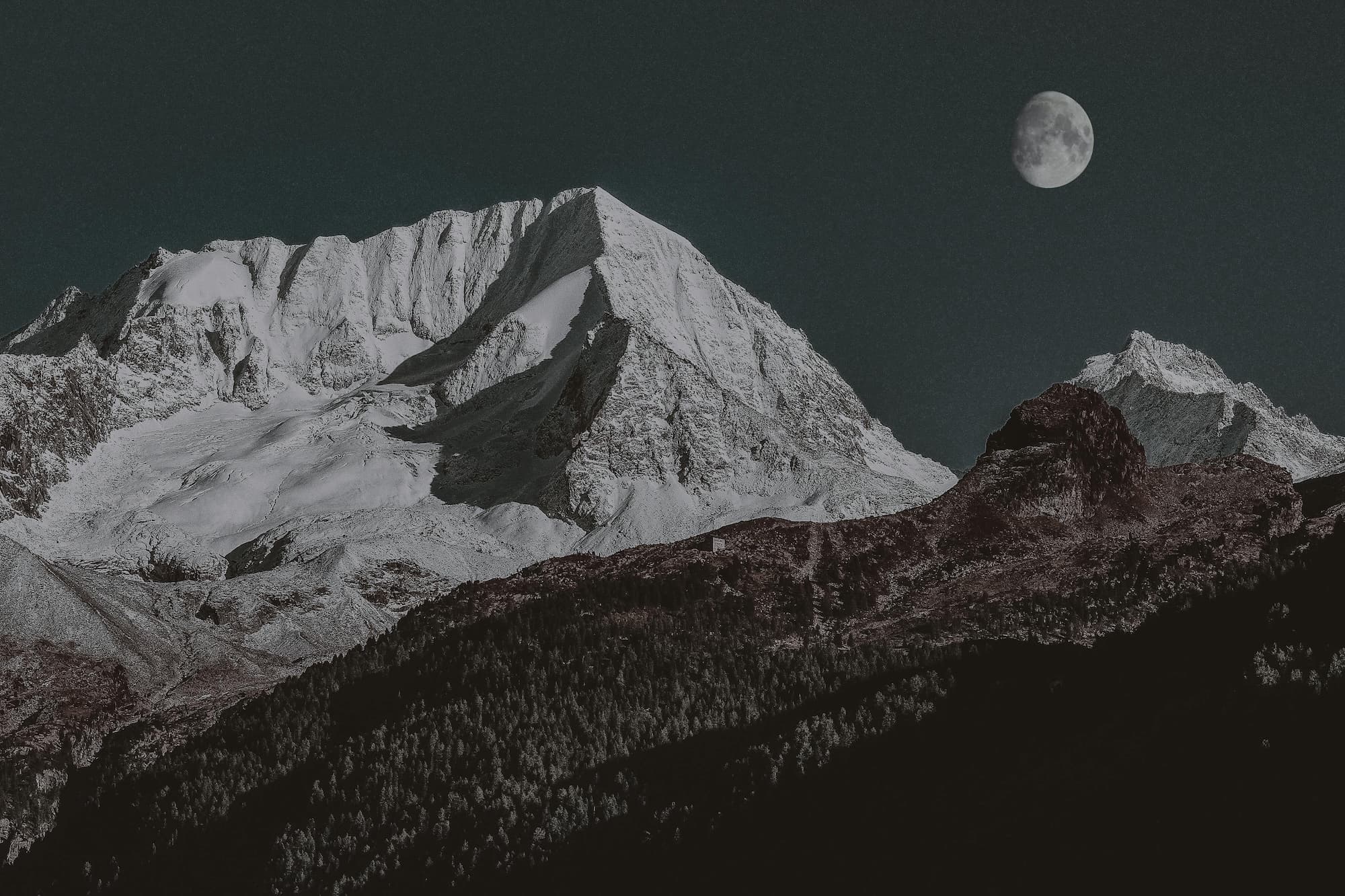 A landscape with a mountain in the distance under a dramatic sk